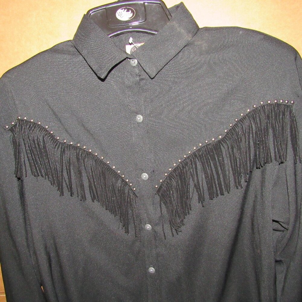 Women Fringe Shirt Long Sleeve with silver metal studs Front and Back
